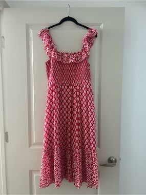 Vineyard Vines Red & White Smocked Ruffle Midi Dress with Pockets | Size Small